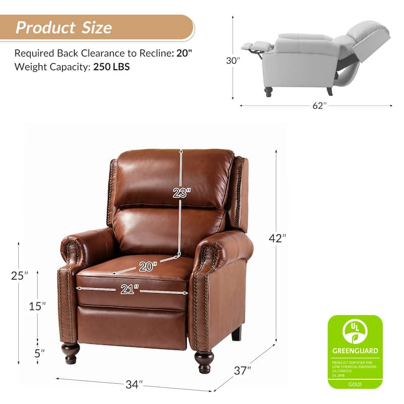 Gabriela Mid-Century Modern Genuine Leather Recliner with Tapered Block Feet by HULALA HOME