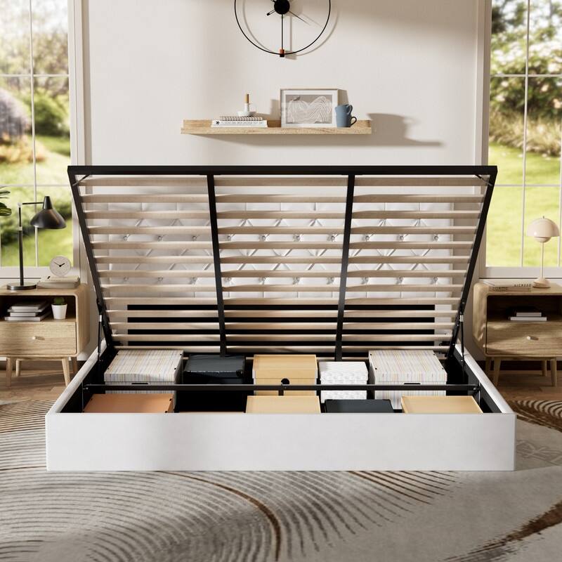 Plywood Frame Upholstered Platform Bed with Lift-up Storage Supported by Metal and Wooden Slats