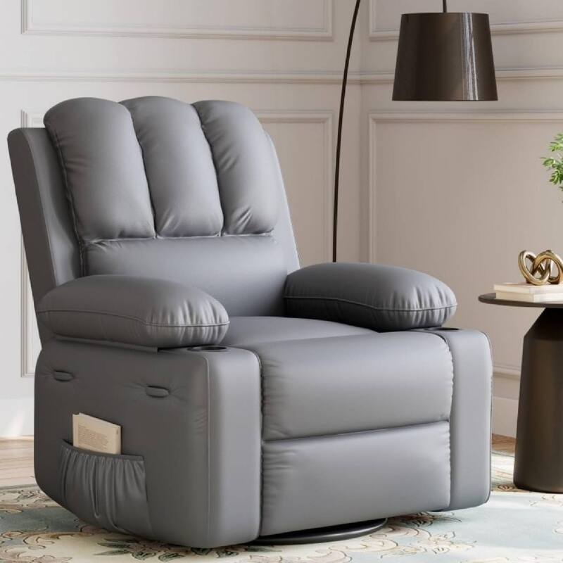 Oversized PU Recliner Sofa Chair with Heat Massage 360° Swivel and Manual Rocking Function - Grey