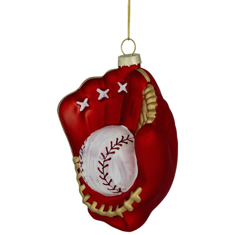 Baseball Mitt with Ball Glass Christmas Ornament - 4" - Red