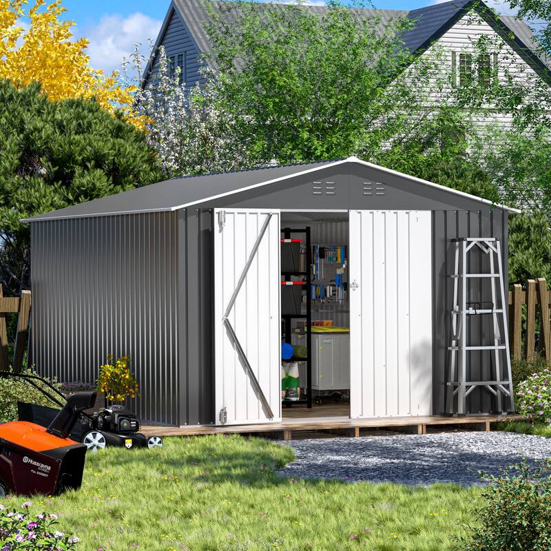 10'x12'Steel Outdoor Storage Shed,Galvanized Steel Metal Garden Shed with Lockable Doors,Heavy-Duty Storage Tool House - White