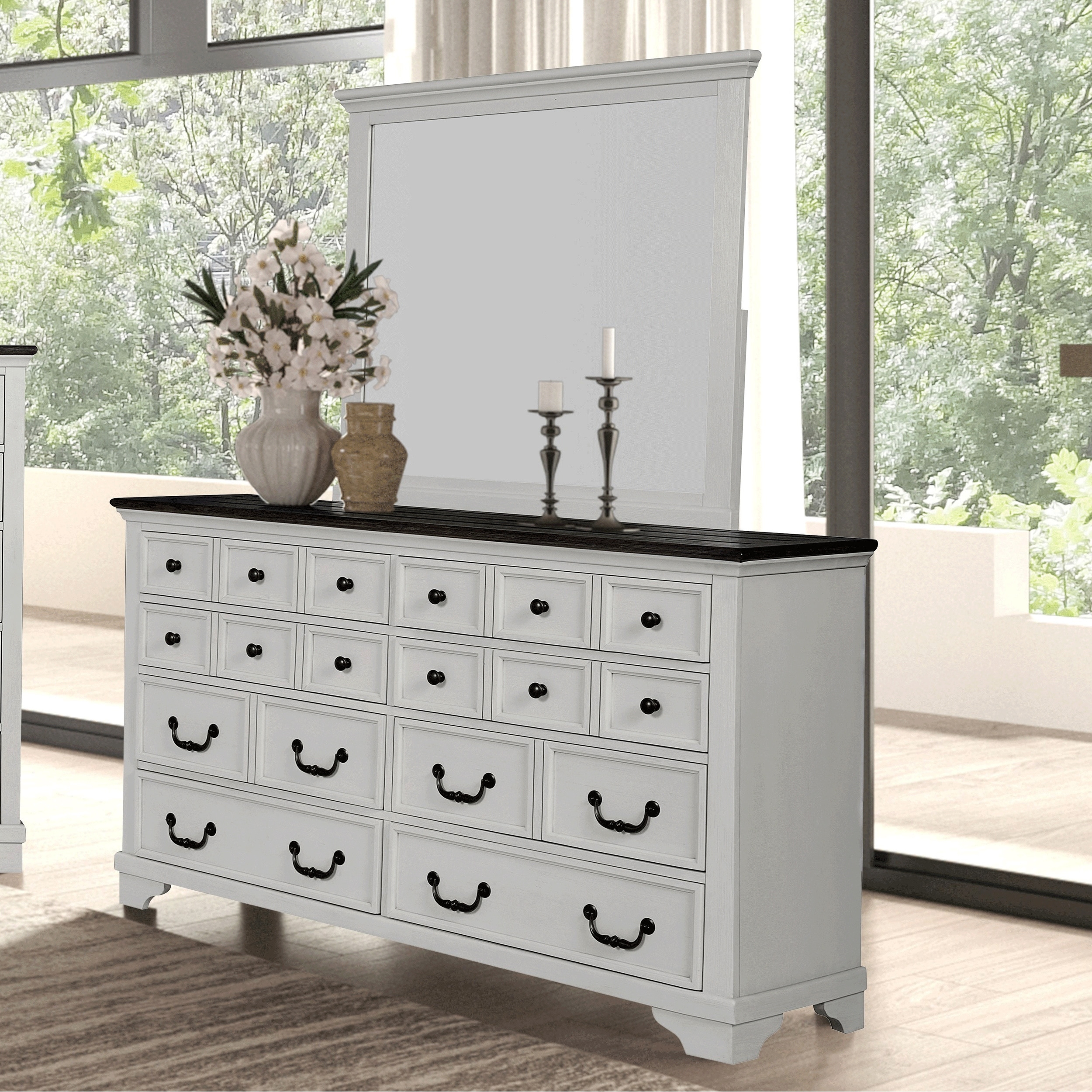Furniture of America Eryndor Modern White 2-piece Solid Wood Dresser and Mirror Set