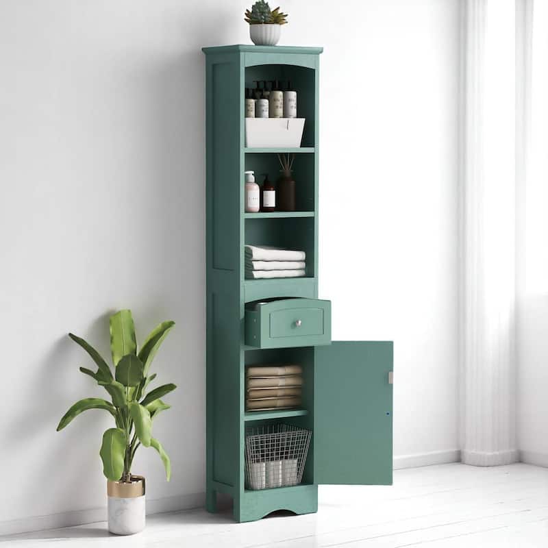 Slim Freestanding Bathroom Cabinet with Drawer and Doors, Adjustable Shelf, Waterproof MDF Storage Unit