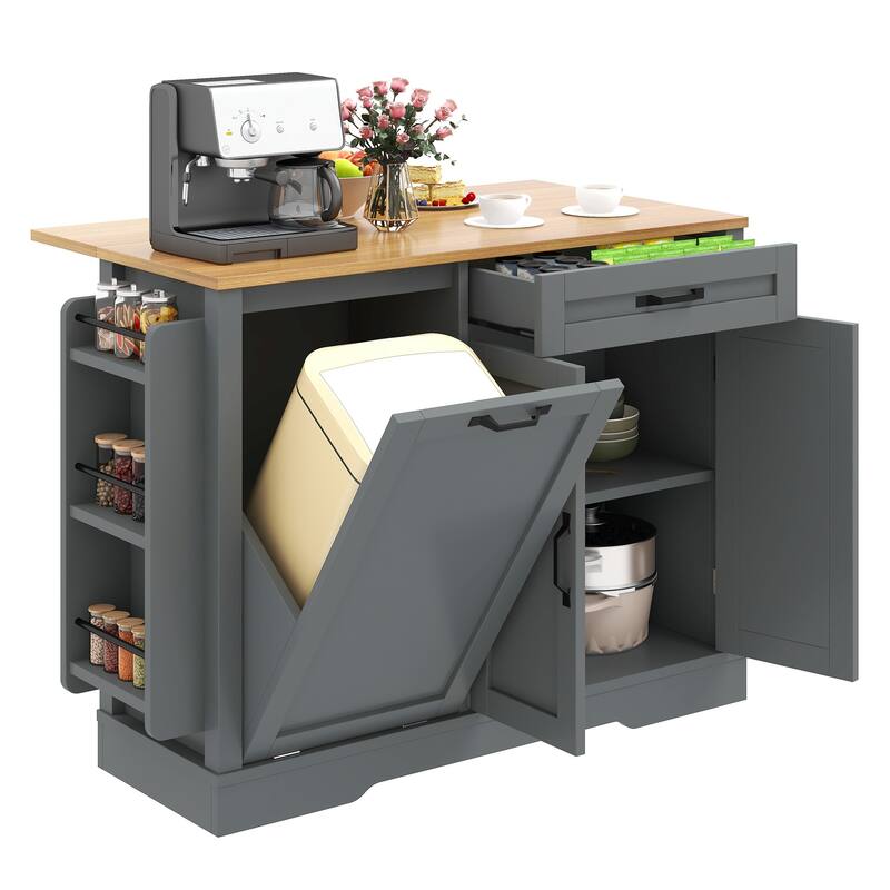 Moasis Rolling Portable Kitchen Island With Trash Can Storage Cabinet and Drawer&Floating Tabletop