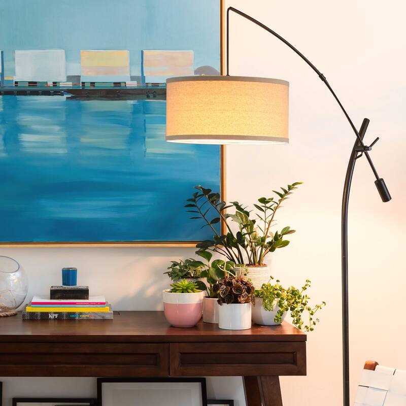 Brightech Grayson 84 in. Mid-Century Modern Height Adjustable LED Floor Lamp with Beige Fabric Drum Shade