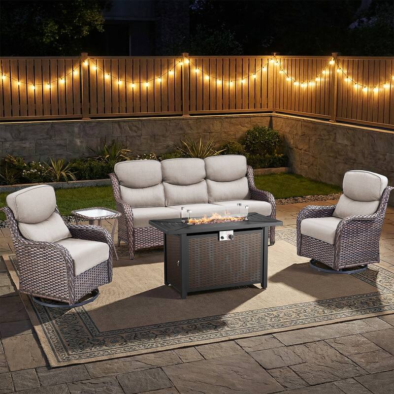 Pocassy 4/5 Piece Patio Sofa Furniture Set with 43" Fire Pit Table - Brown Wicker Beige Cushion - 5-Piece Sofa Swivel Chair Table w/ Fie Pit Table