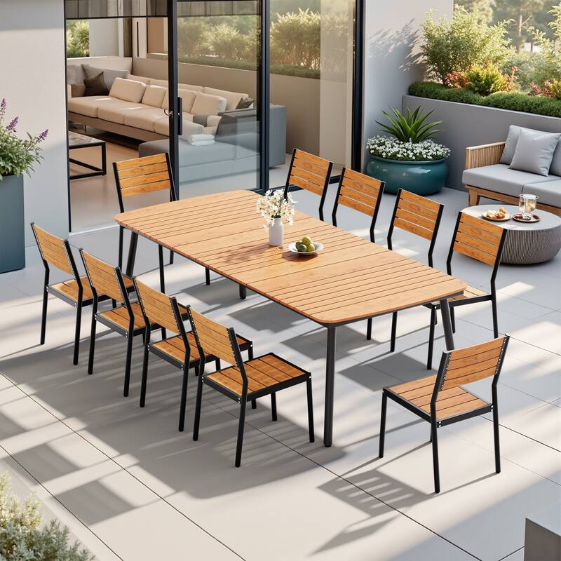 11-Piece Outdoor Patio Aluminum Dining Table and Stackable Armless Dining Chairs Set - Brown