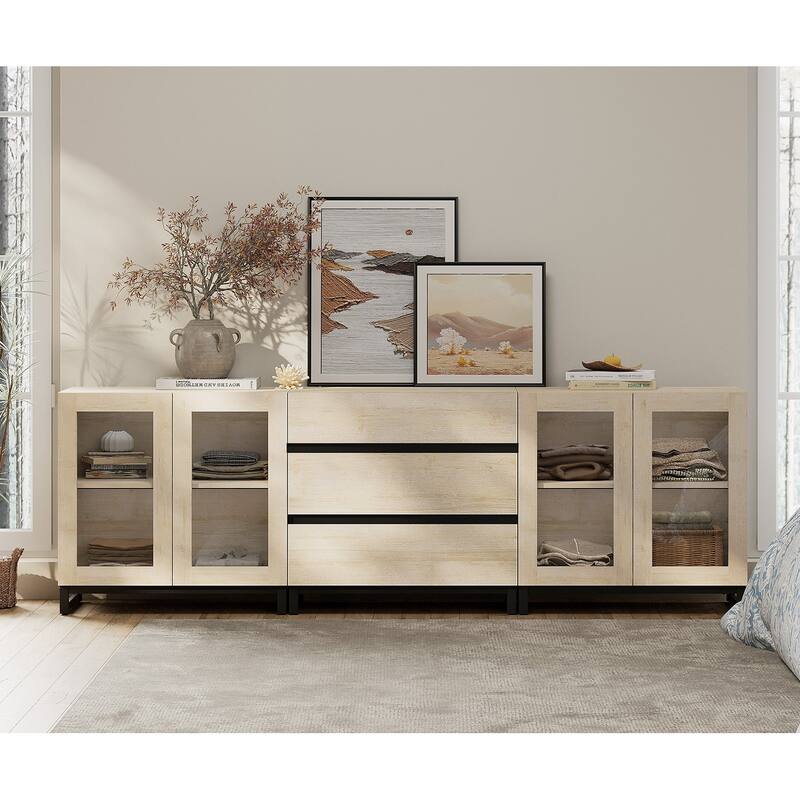 WAMPAT 3 in 1 Modern Dresser with Glass Doors and 3 Drawers, Chest of Drawers for Bedroom - Beige - 3-drawer