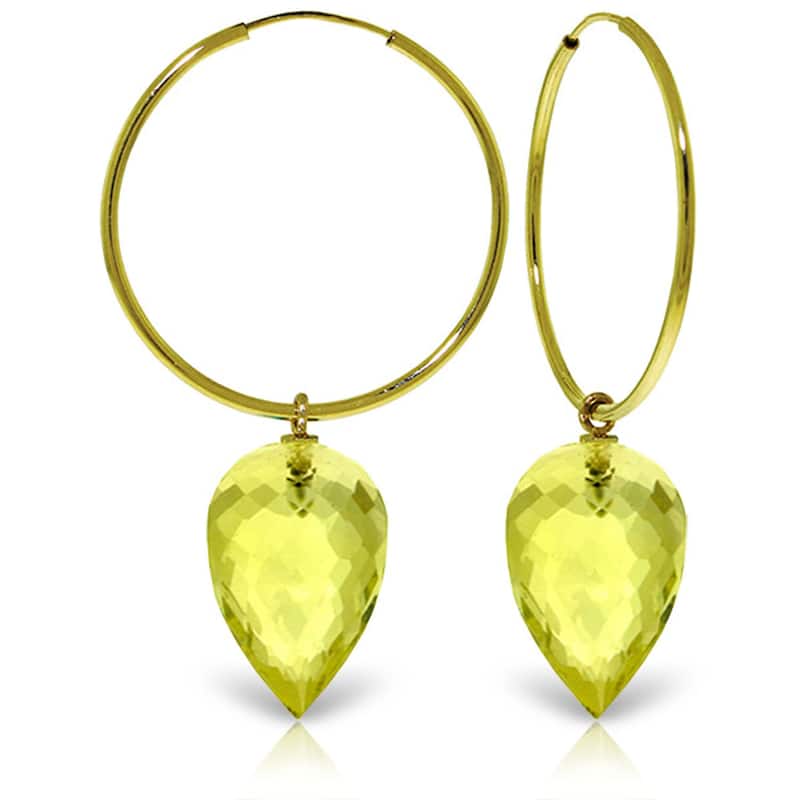 14K Solid Gold Hoop Earrings w/ Pointy Briolette Drop Lemon Quartz