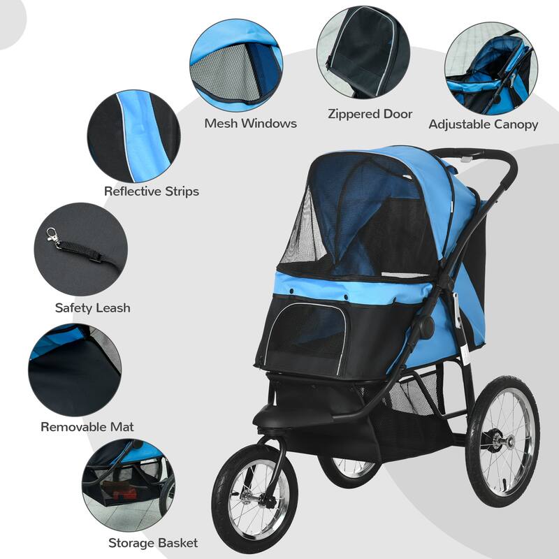 PawHut Pet Stroller for Small and Medium Dogs, 3 Big Wheels Foldable Cat Stroller with Adjustable Canopy