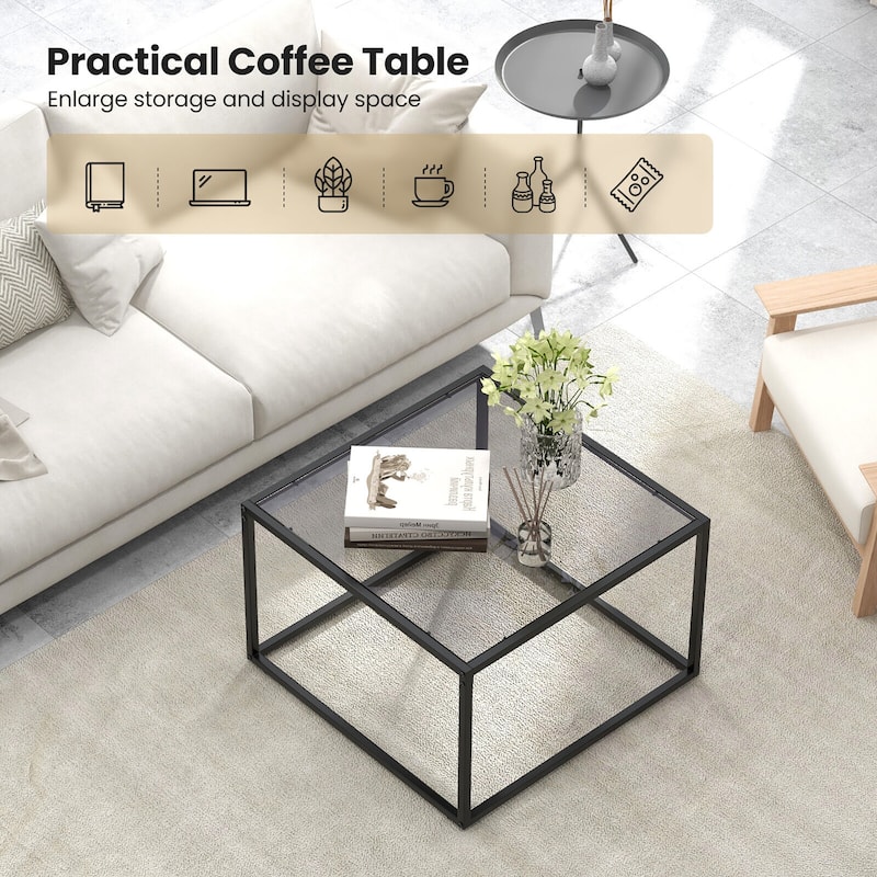 Gymax Glass Coffee Table 27.5 Inch Modern Square Metal Frame Living