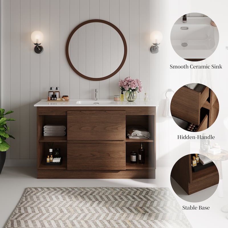 47"Mid Century Single Bathroom Vanities with Sink, White Vanities with 2 Drawers and 4 Shelves