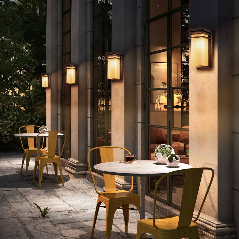 12" H Modern Bronze Outdoor Wall Sconce with Antique Amber Glass, E26 Base