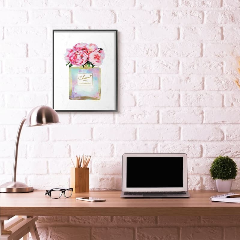 Stupell Pink Gold Flower Perfume Glam Fashion Design Framed Wall Art