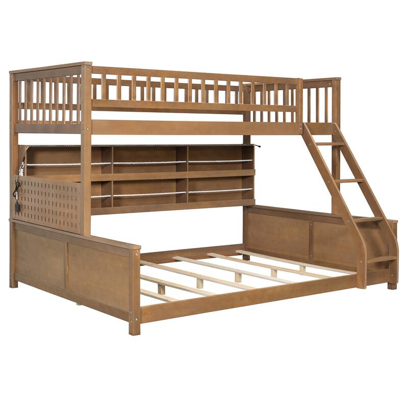 Roomfitters Twin XL over Queen Bunk Bed with Storage Shelf, Pegboard and LED Lights