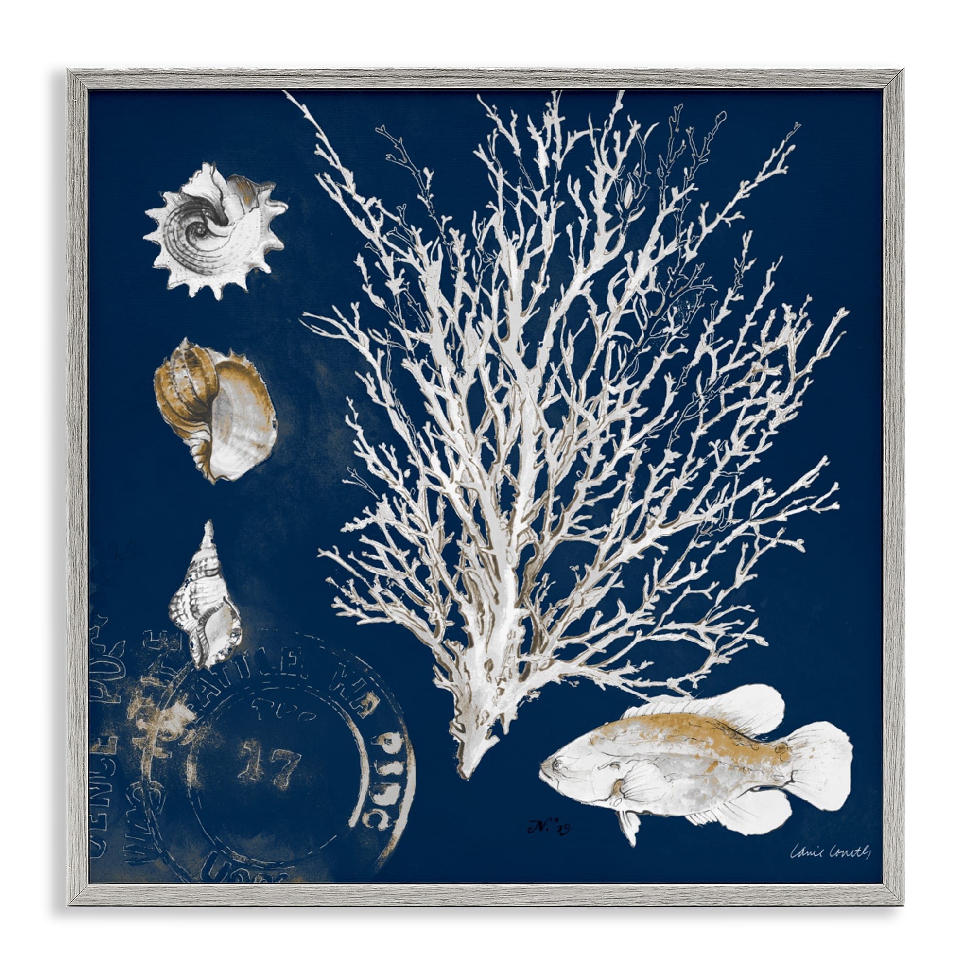 Stupell Coral Medley on Navy Framed Giclee Art Design By Lanie Loreth