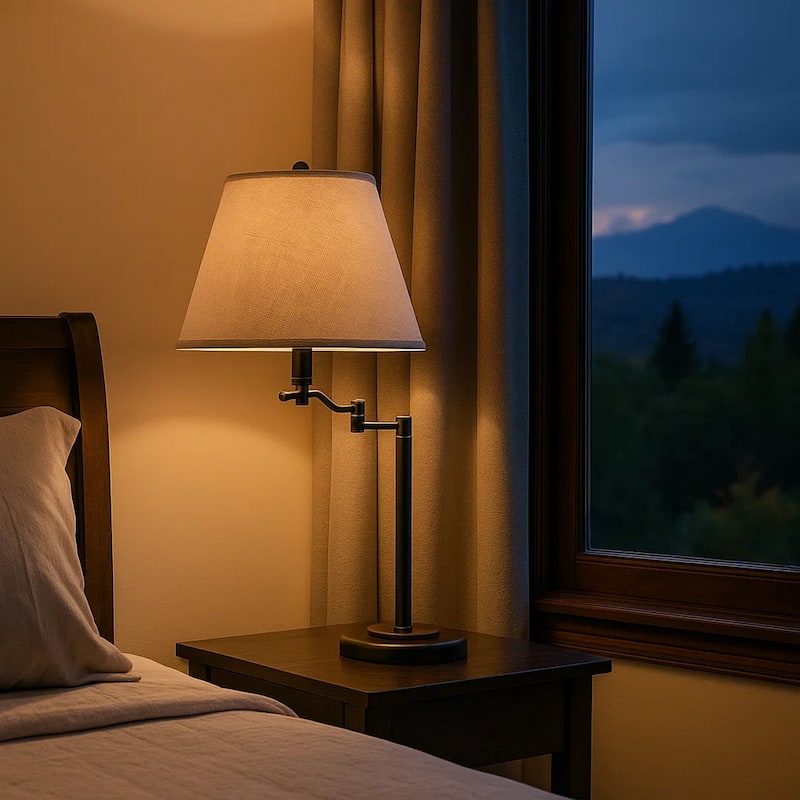 3 Way Metal Body Table Lamp with Swing Arm and Conical Fabric Shade, Black