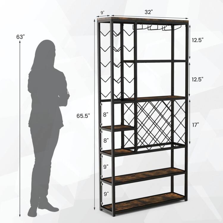 Industrial Floor Wine Rack with 3 Rows of Stemware Racks - 32" x 9" x 65.5"