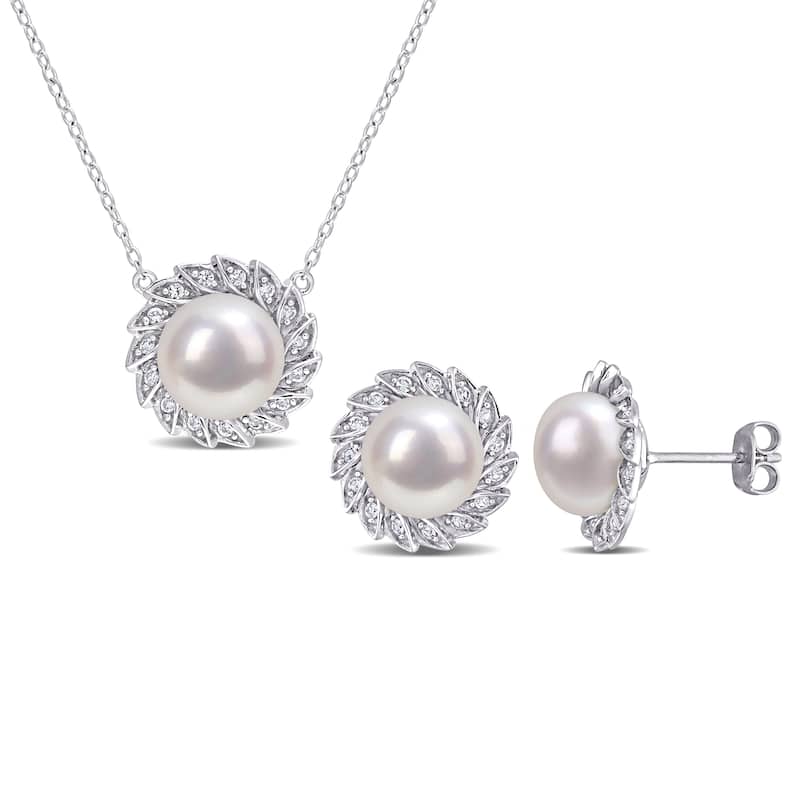 Miadora Cultured FW Pearl & Created White Sapphire 2-piece Jewelry Set in Sterling Silver (9.5-10mm)