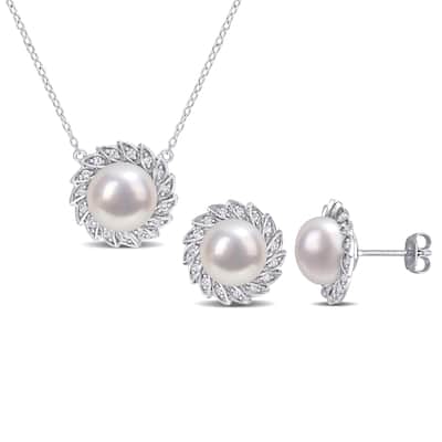 Miadora Cultured FW Pearl & Created White Sapphire 2-piece Jewelry Set in Sterling Silver (9.5-10mm)