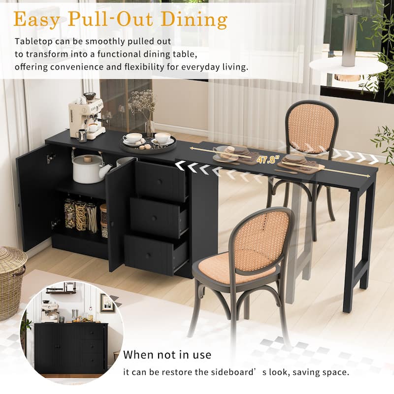 89.7" Wooden Sideboard Buffet Cabinet with Extendable Table, 2 Doors, 3 Drawers, Adjustable Shelf for Kitchen or Living Room