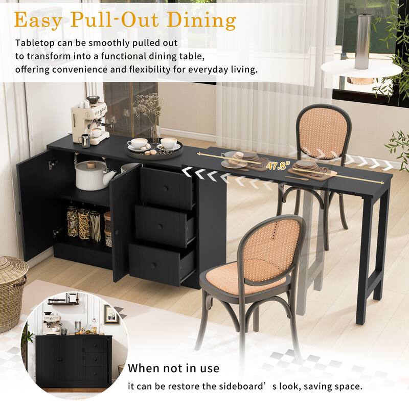 Wooden Sideboard with Extendable Table, Multifunctional Storage Cabinet with 2 Doors and 3 Drawers for Living Room