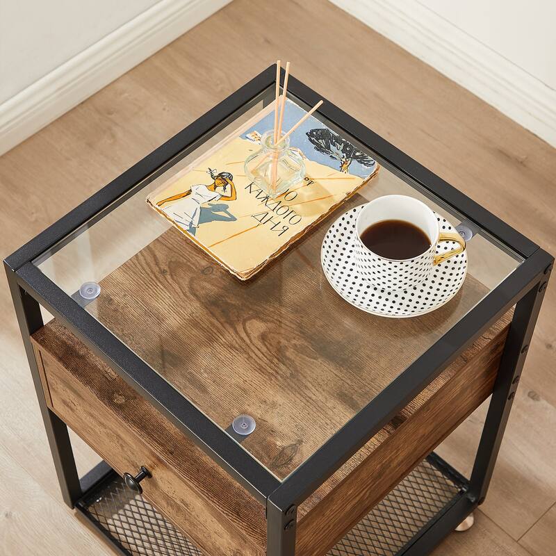 VECELO Modern 1- Drawer Nightstands with Tempered Glass Top