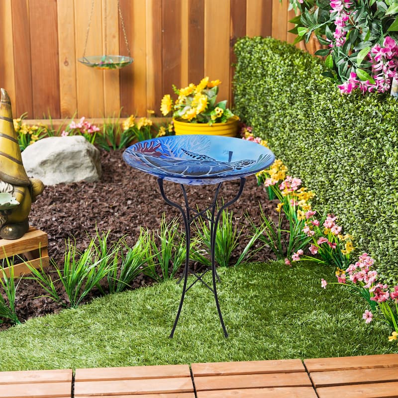 Alpine Corporation KBD172A-18 18" Glass Birdbath with Turtle Accent and Black Metal Stand, Outdoor Garden and Patio Decor, Blue