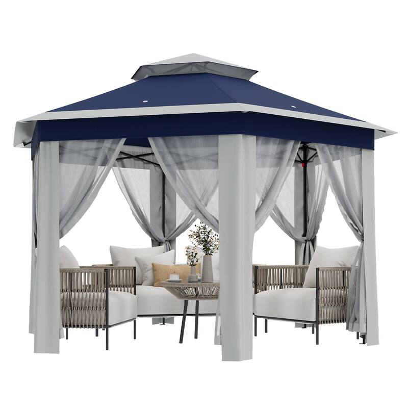 Pop Up Gazebo, Hexagonal Canopy Shelter with 6 Zippered Mesh Netting, Event Tent with Strong Steel Frame - Blue and Beige