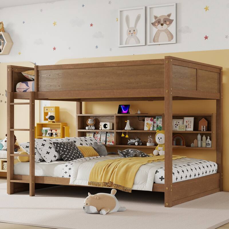 Bunk Bed with Built-in Storage Cabinets and Charging Station,Queen Over Queen - Wheat