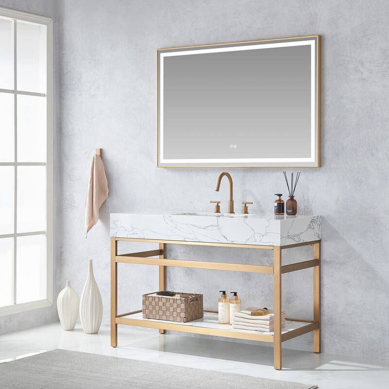 Ecija Bath Vanity, Metal Support with Composite Stone Top and Mirror