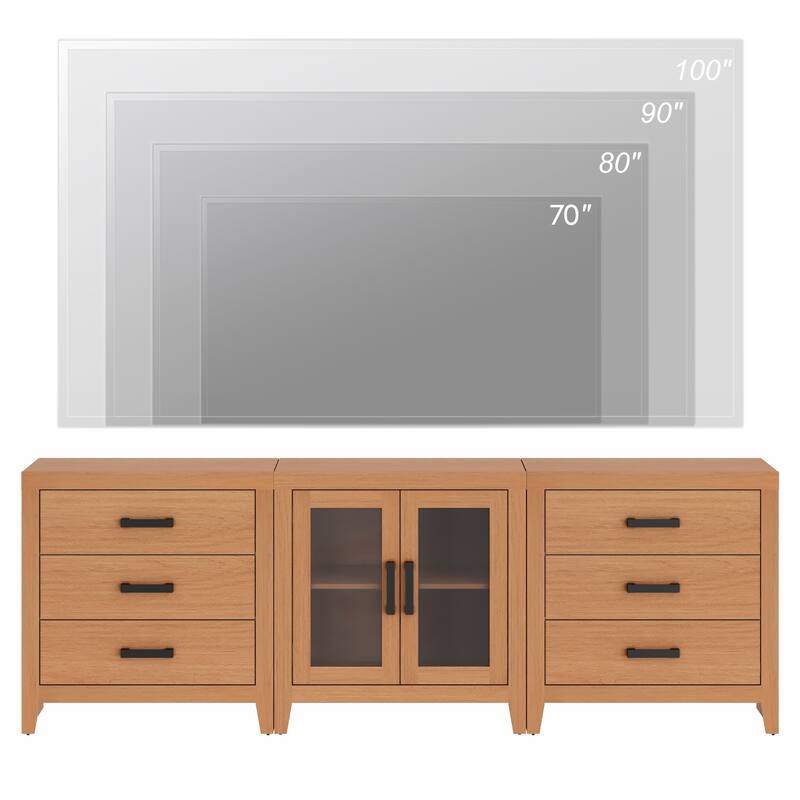 WAMPAT Farmhouse Buffet Cabinet with Glass Doors and Drawers, 3-Piece Modular Sideboard