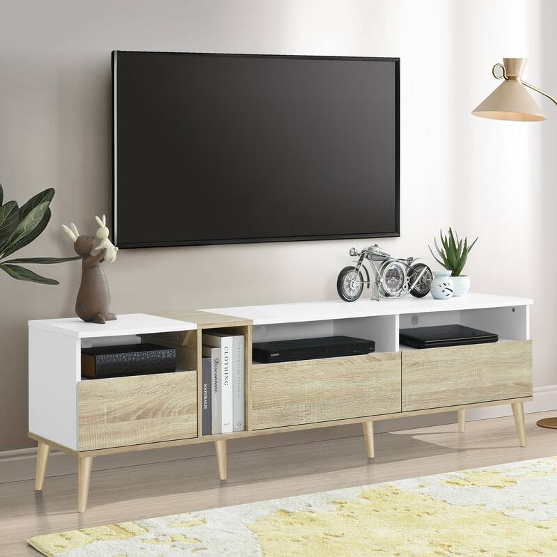 Modern TV Stand Media Console, for TVs up to 80" with 3 Drawers and Open Shelves, for Living Room, White