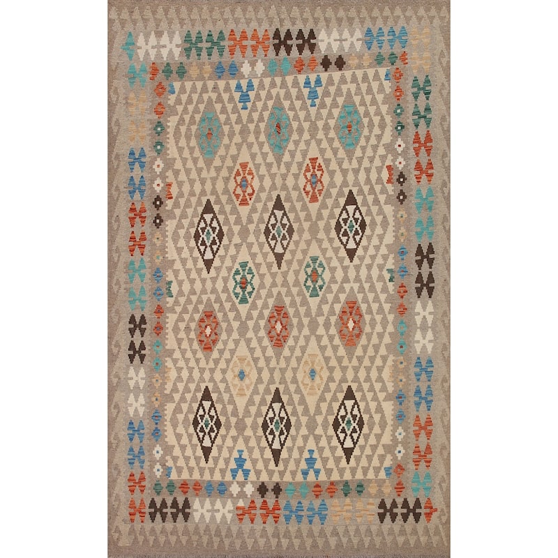 Hand Woven Oriental 100% Wool Carpet Southwestern All-Over Beige & Ivories Kilim Area Rug - 9' 7'' X 6' 9''