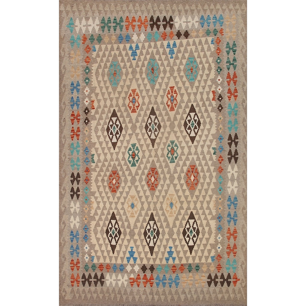 Hand Woven Oriental 100% Wool Carpet Southwestern All-Over Beige & Ivories Kilim Area Rug - 9' 7'' X 6' 9''