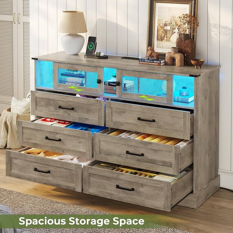 6 Drawers Dresser LED Charging Station Farmhouse Chest of Drawers