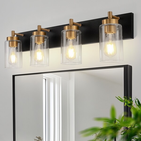 YANSUN 29.53 in. 4 Light Matte Black Industrial Vintage Vanity Light Fixtures for Bathroom with Glass Shades 29.53 9.06 5.71 On Sale Bed Bath Beyond 41432508