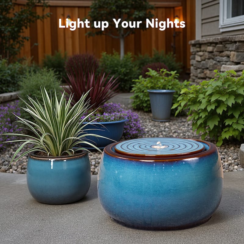 Round Blue Ceramic Water Floor Fountain with LED Light and Pump