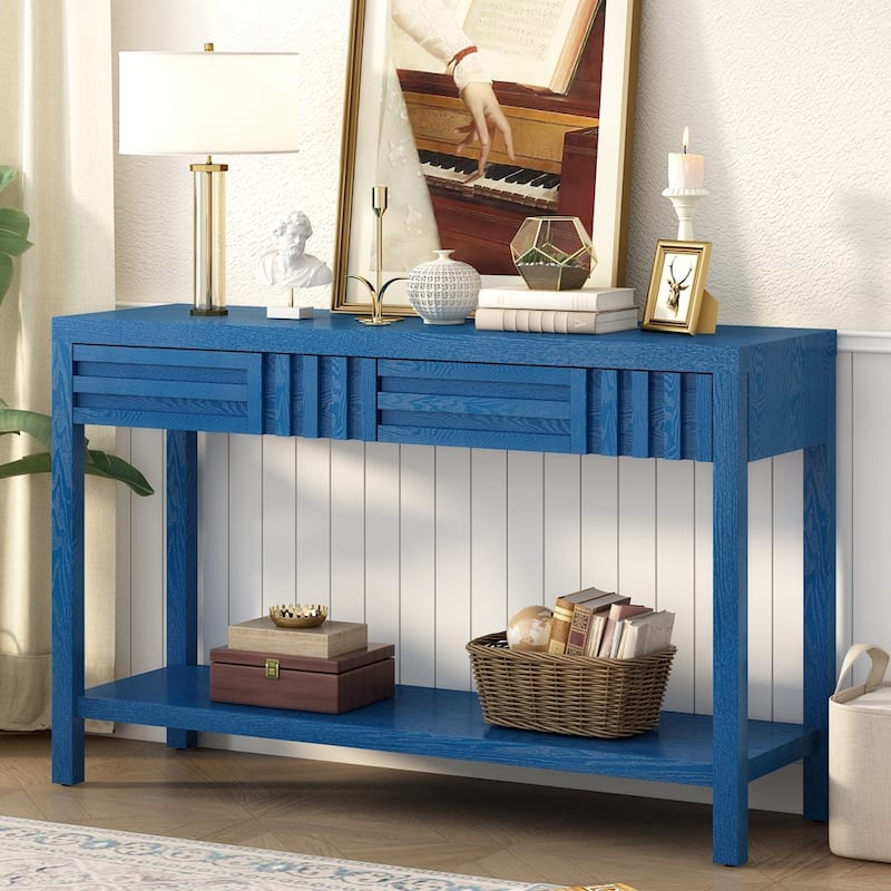 Living Room Striped Design Console Table With Bottom Shelf