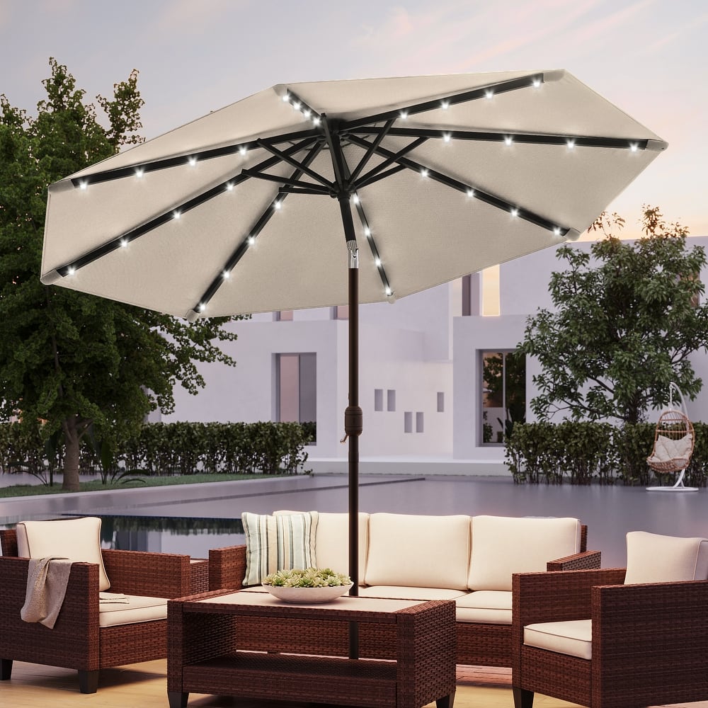 BONOSUKI Patio 10Ft LED Market Umbrellas With Solar Lights, Table Umbrella for Patio and Outdoor With Tilt Button
