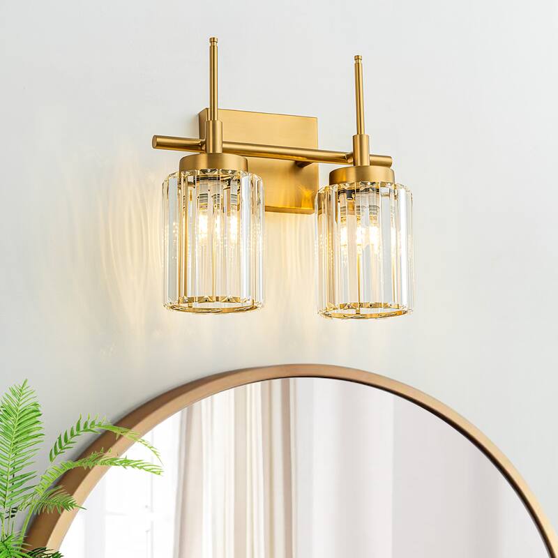 Modern Gold Dimmable Wall Light Glam Cylinder Bathroom Crystal Vanity Light Wall Sconces - Cylinder - 2-Light 12.2 in.W