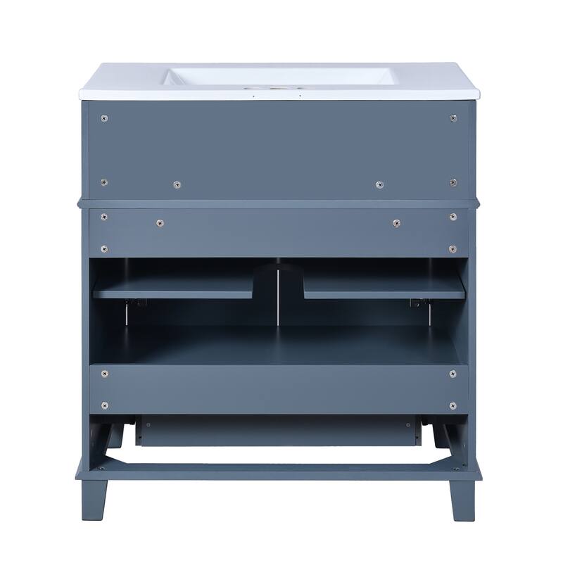 Bathroom Vanity with Ceramic Sink, Solid Wood Bathroom Sink Vanity, Storage Cabinet with Pull-Out Drawer & Tip-Out Drawer