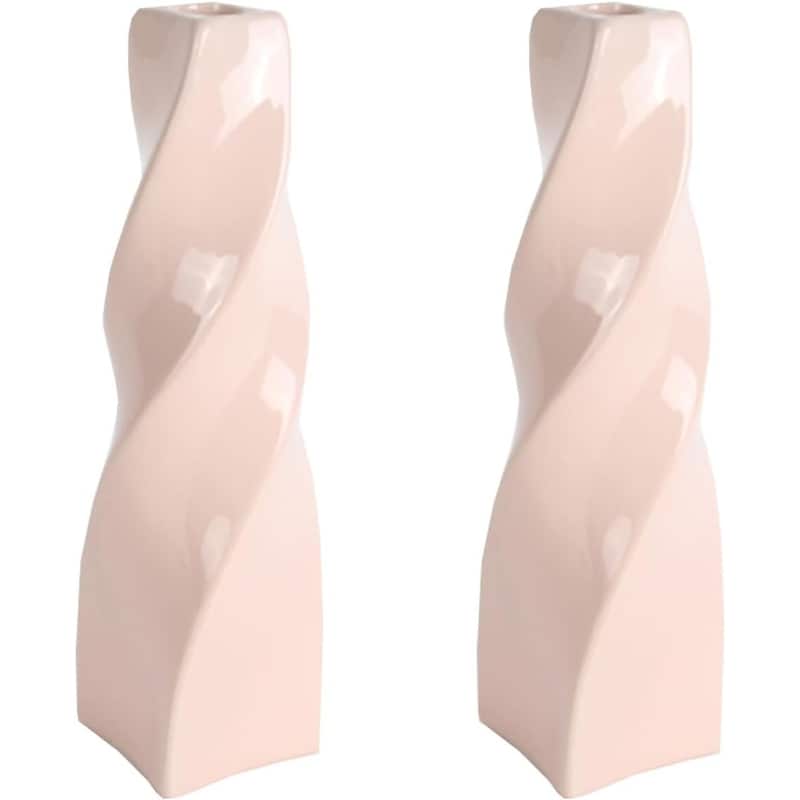 Vanilla Set of Two Tall Curvy Ceramic Candlesticks in Santa Fe Style - Cream