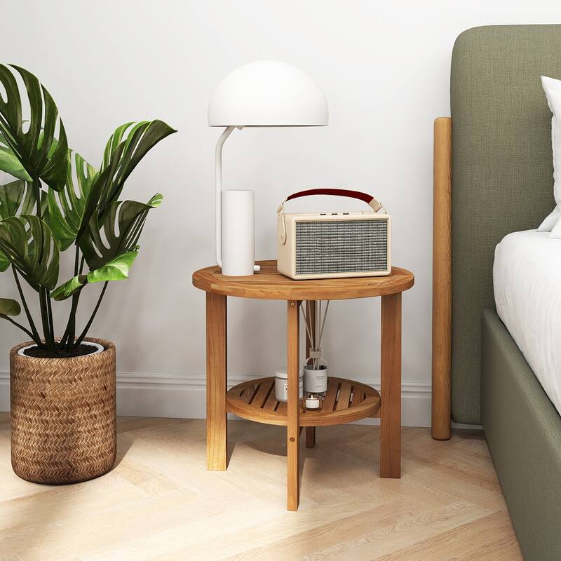 Gymax Teak Wood 2-Tier Side Table 19.5'' Round Coffee Table End Table