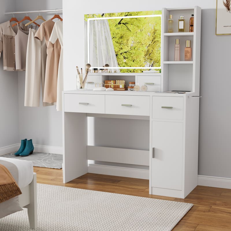 Dressing Table With Led Mirror And Power Outlet,With Drawers,Storage Box And Shelf,Dressing Table With Bedroom Cushioned Stool
