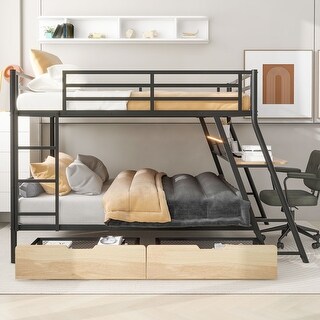 Full Size Bunk Bed with Light, Desk&Storage Drawers, Black