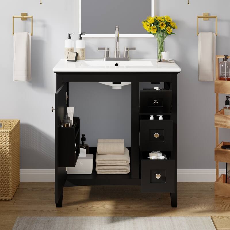 GDFStudio - Rivington Modern Bathroom Vanity with Ceramic Sink and 3 Storage Drawers - 30'W