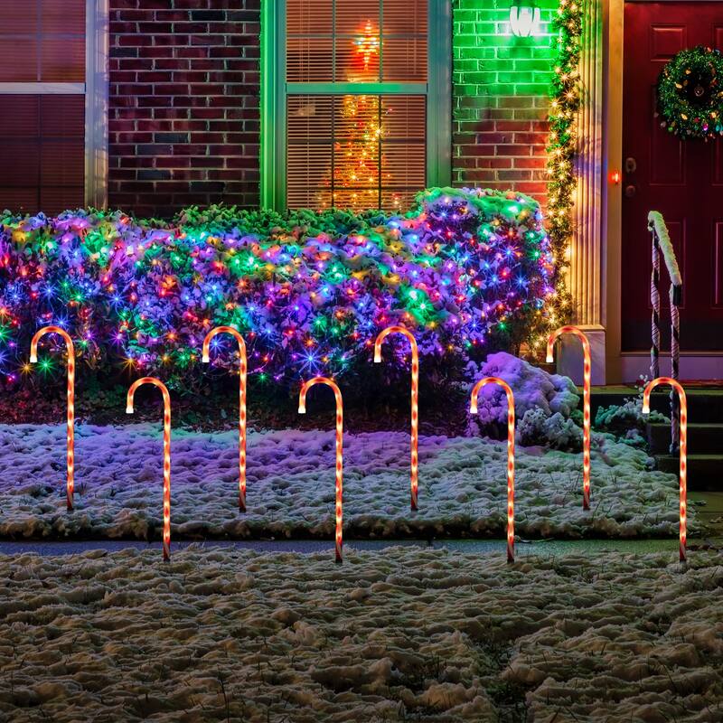 LED Lighted 8-Speed Candy Cane Christmas Pathway Markers - White - 18.25' Clear Wire - 8ct - Red