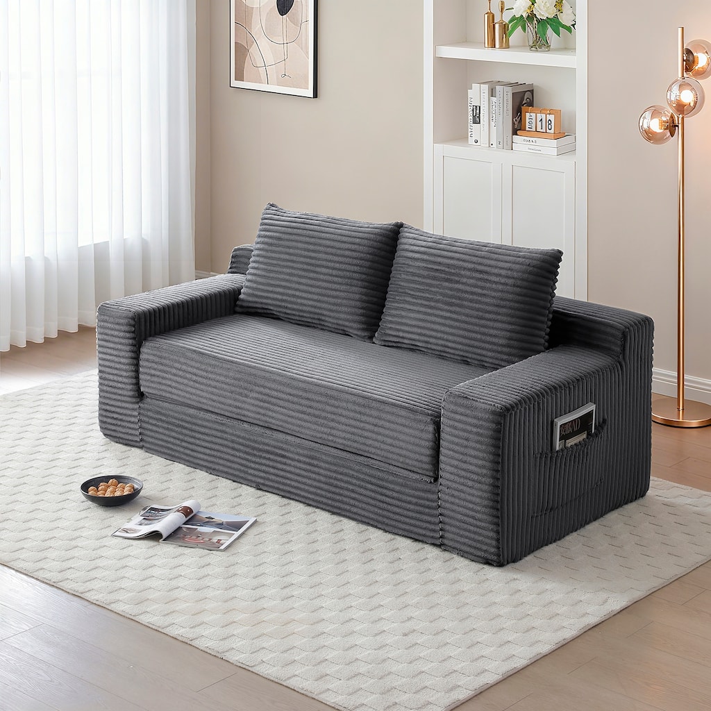 Memory Foam Cloud Loveseat Sofa, 2 in 1 Convertible Folding Couch Bed, No Assembly Compressed Corduroy Floor Lounge Sofa