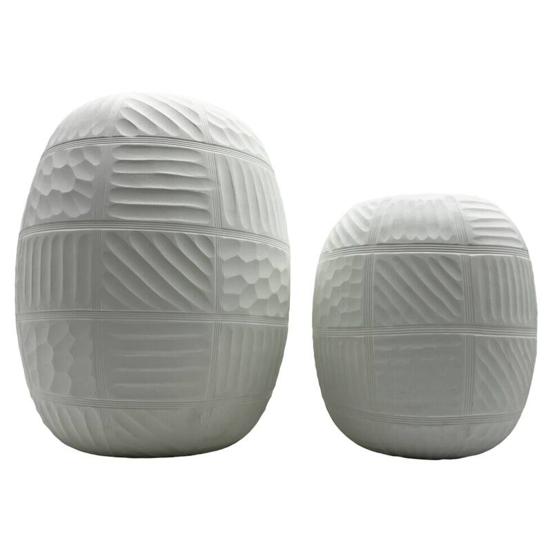Set of 2 Decorative Handmade Glass Round Carved Vase in White